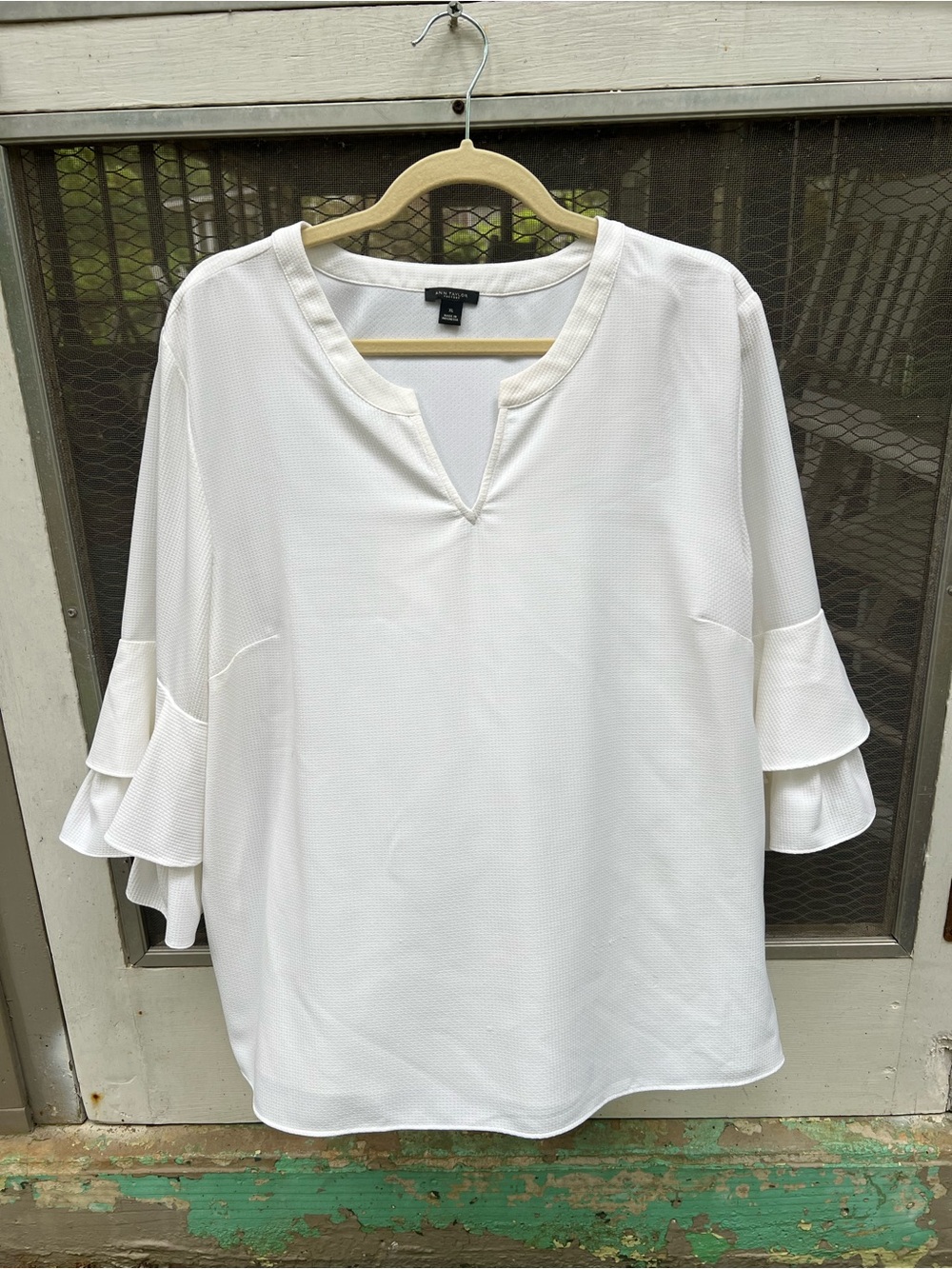 Ann Taylor Factory White Ruffle-Sleeve Split-Neck Blouse